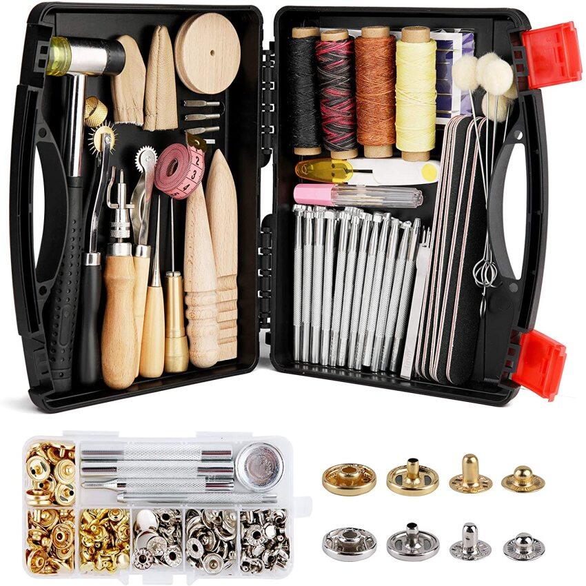 128 Pieces Leather Tool Kit, Leather Work Tool, Leather Tools and Supplies with Leather Stamping Tools Rivets Kit Prong Punch for Leather Crafting Beginner Leather Craft Making