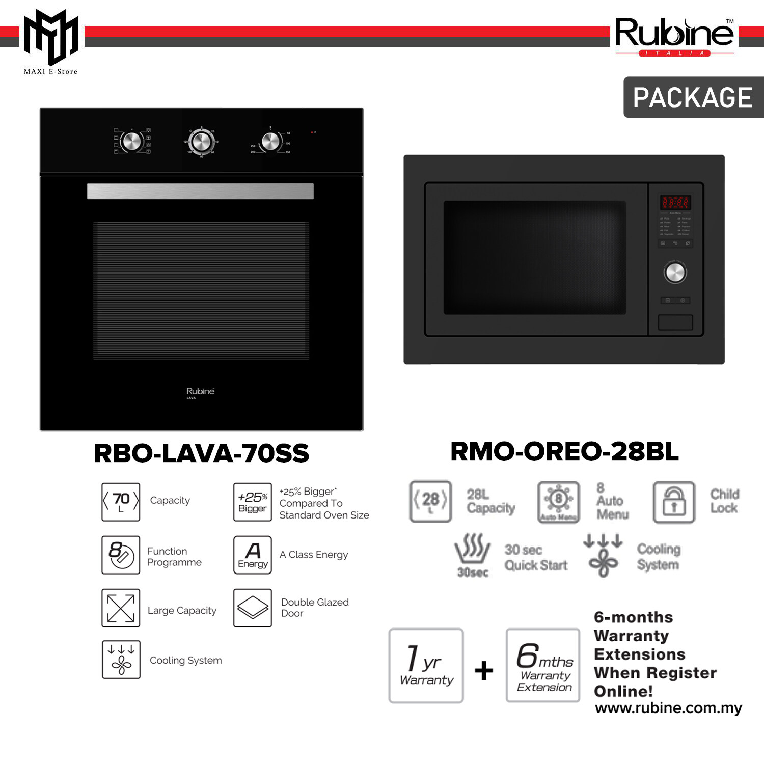 [PACKAGE] Rubine RBOLAVA70SS 70L Built in Oven + RMOOREO28BL 28L Build in Microwave Oven