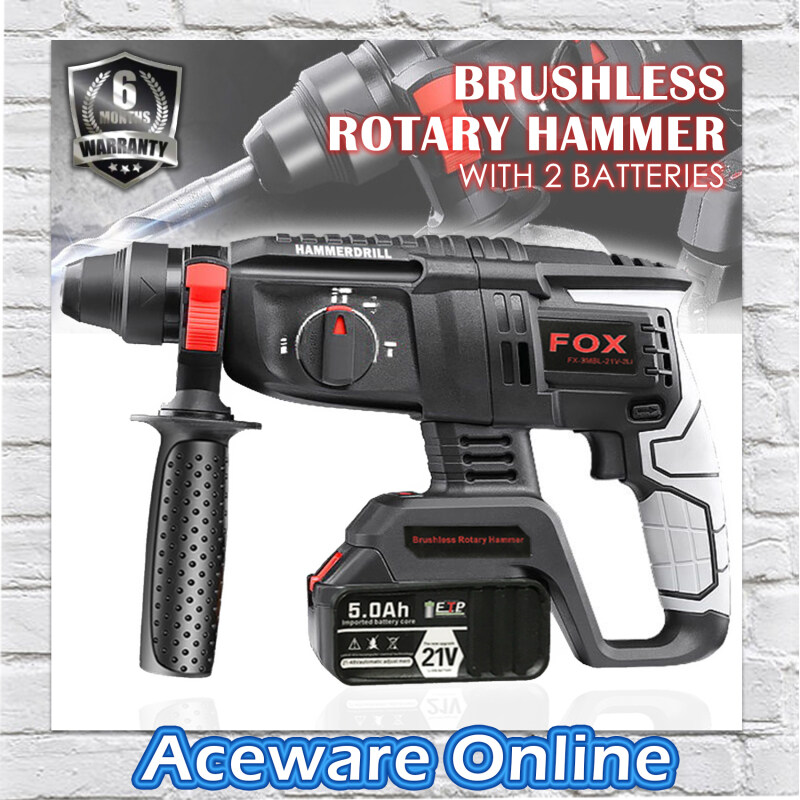 Fox FX-3MBL-21V-2LI Cordless Brushless Motor 26mm Rotary Hammer Drill with 2 Lithium 21V Battery
