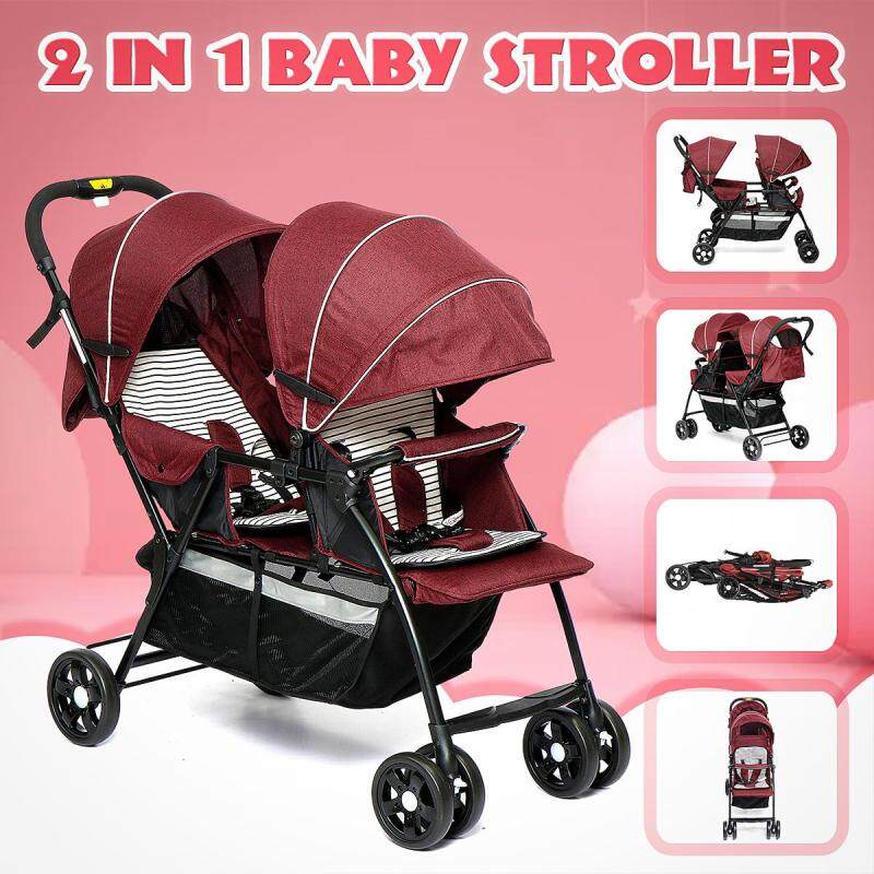 【September New Arrival】(RED-2 in 1) Comfortable Double Seat Twin Baby Child Front And Back Tandem Compact Stroller-With large storage basket, sun canopy and foldable back seat - Dark red Singapore