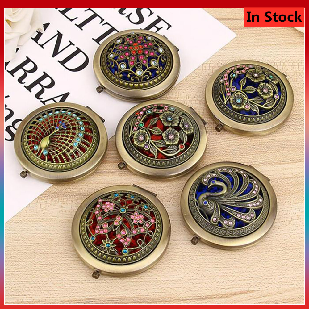 Personality Cute Double-Sided Folding Portable Bronze Makeup Mirror Small Mirror Metal Carry Beauty Mirror Vintage Hollow Flower Mini Folding Pocket Round Double-sided Makeup Mirror Gift