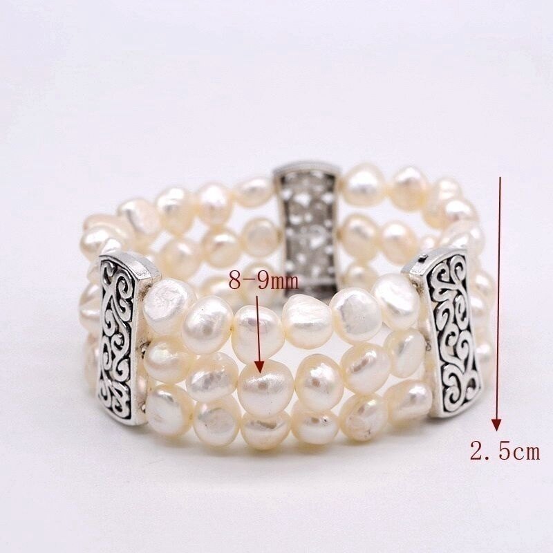 Three Row Bracelet White Natural Pearl Tibetan Silver Accessories Pearl Bracelet Baroque Vintage Beaded Bracelet for Women