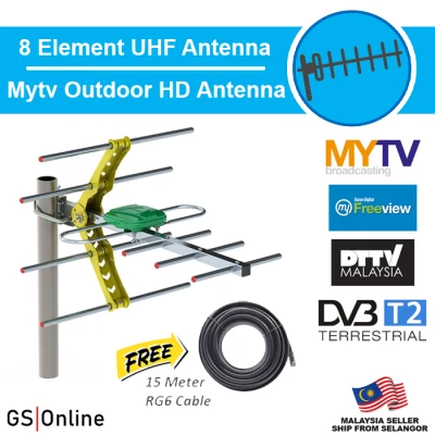 [Free 15 Meter Cable] 8 Element UHF HDTV DVB T2 MYTV Freeview Outdoor Digital HD Antenna