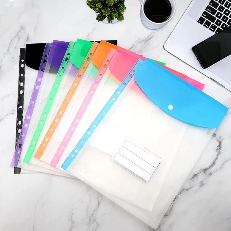12 Pack A4 Punched Pockets Plastic Wallets - 11 Holes Expandable Binder Pocket Envelope File Folders