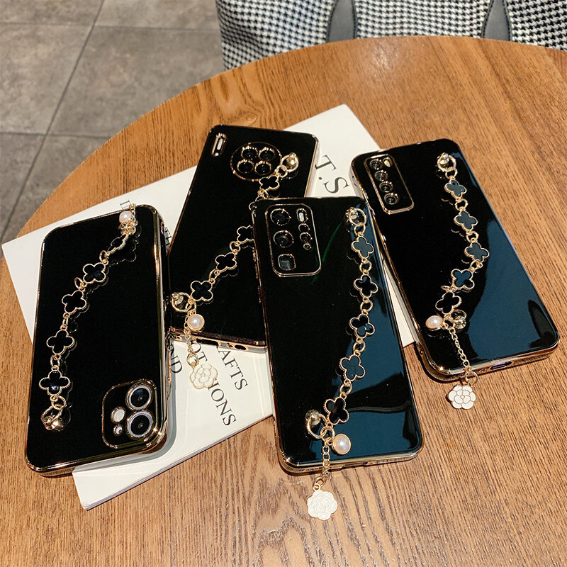 AnDyH Straight Edge Plating Phone case For Huawei Y9S casing,Precise Camera Protection cases Cute girl style cover with Four leaf clover bracelet