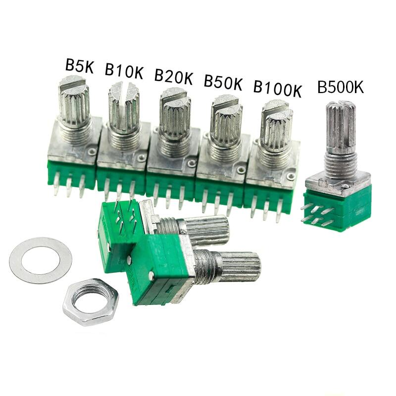 10 pcs rk097g duplex potentiometer b1k 5k 10k 20k 50k 100k 500k 6pin shaft 15mm audio amplifier sealing rotary potentiometer