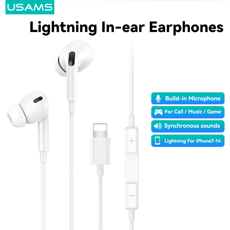 USAMS Lightning In-ear Earphones For iPhone Bluetooth Headset Wired Earphone Lossless Music Headsets with Microphone Headphone for Iphone XR XS 11 12 13 14 Pro Max