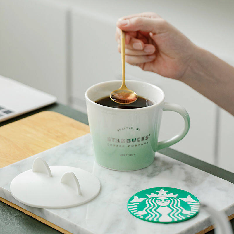 Cốc Gốm Starbuck Cốc Màu Xanh Lá Macaron Chuyển Màu 345Ml Có Thìa Nắp Cốc Để Bàn, Cốc Nước