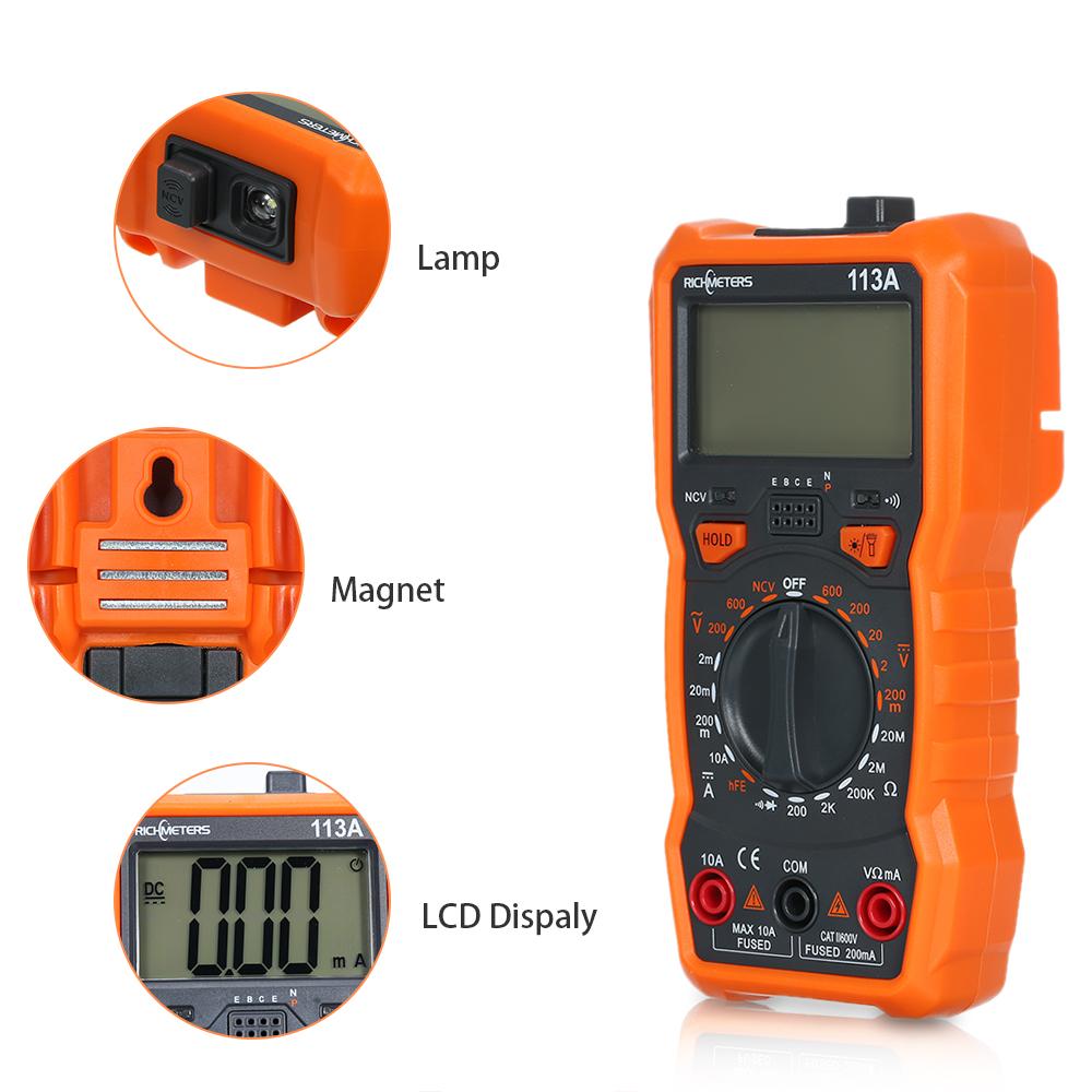 RICHMETERS RM113A NCV Digital Multimeter 2000 Counts HFE AC/DC Voltage Measuring Meter  with Magnetic Suction Flash Light Backlight Large Screen Multi-meter