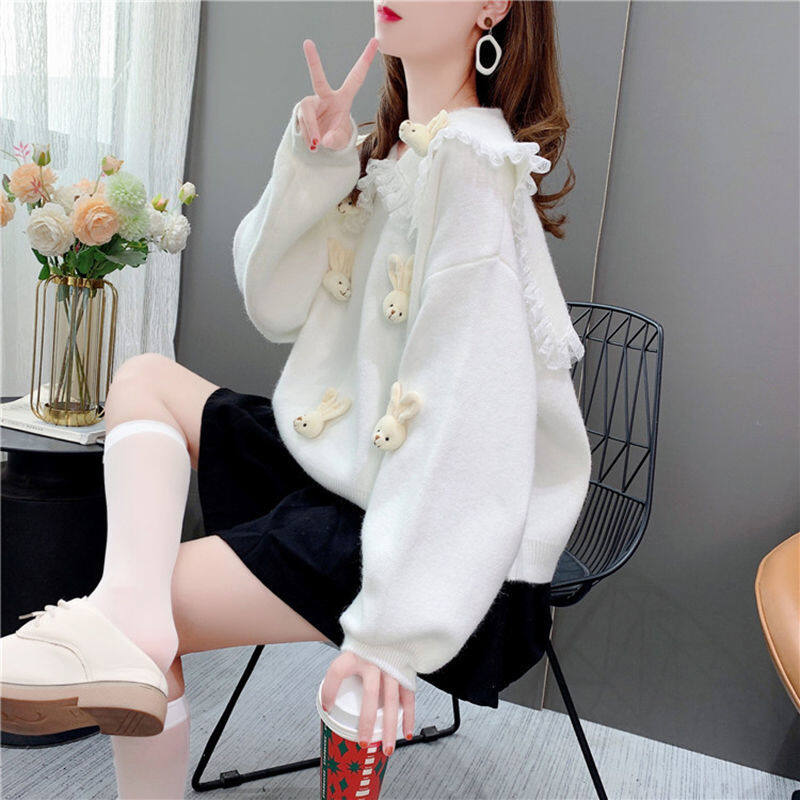 Design sense navy collar lace stitching cartoon sweater women 2023autumn and winter new sweet and loose knitted top tide