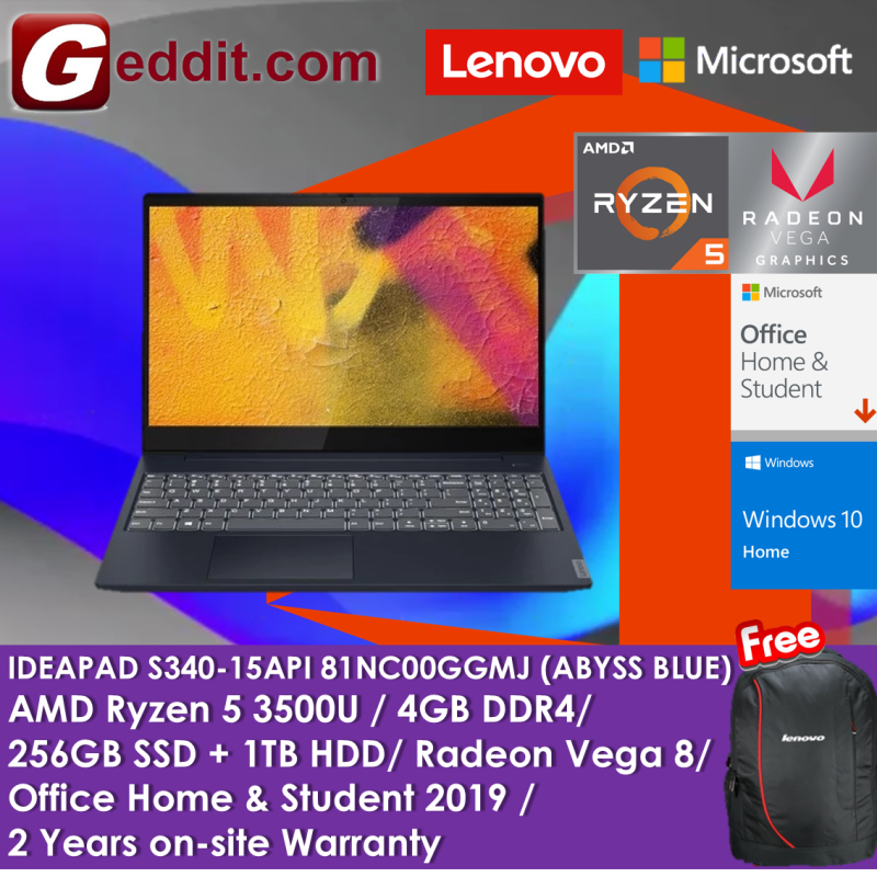 LENOVO S340-15API 81NC00GGMJ LAPTOP (RYZEN 5 3500U,4GB,256GB SSD + 1 TB HDD,VEGA 8,15.6 FHD,WIN10) FREE BACKPACK + PRE-INSTALLED OFFICE H&S 2019 Malaysia