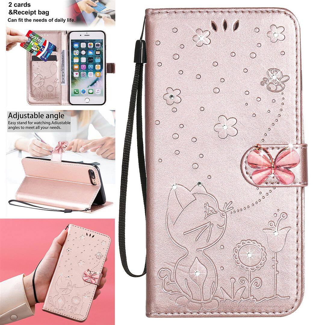 FAYANGRIES for Samsung Galaxy J7 Prime (2018)(5.5 )/ G611FF Case, Bling Butterfly Cute Cat Embossed Phone Casing Fashion Solid Color Flip PU Leather Cover Stand Support Bracket Wallet