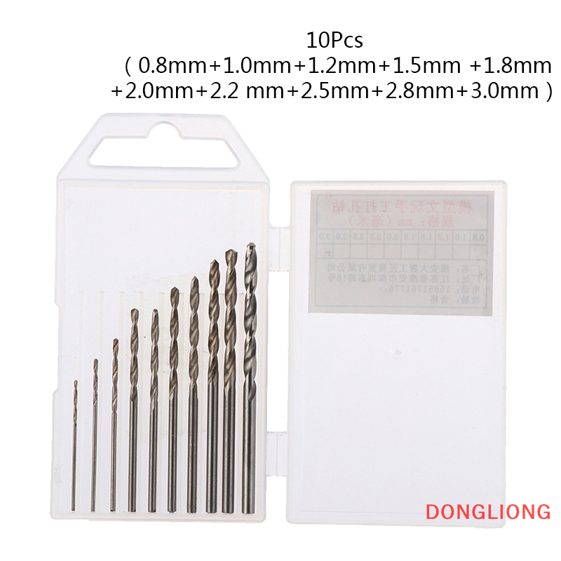 Dongliong 10pcs/box mini drill hss bit 0.8mm-3.0mm straight shank pcb twist drill bits set