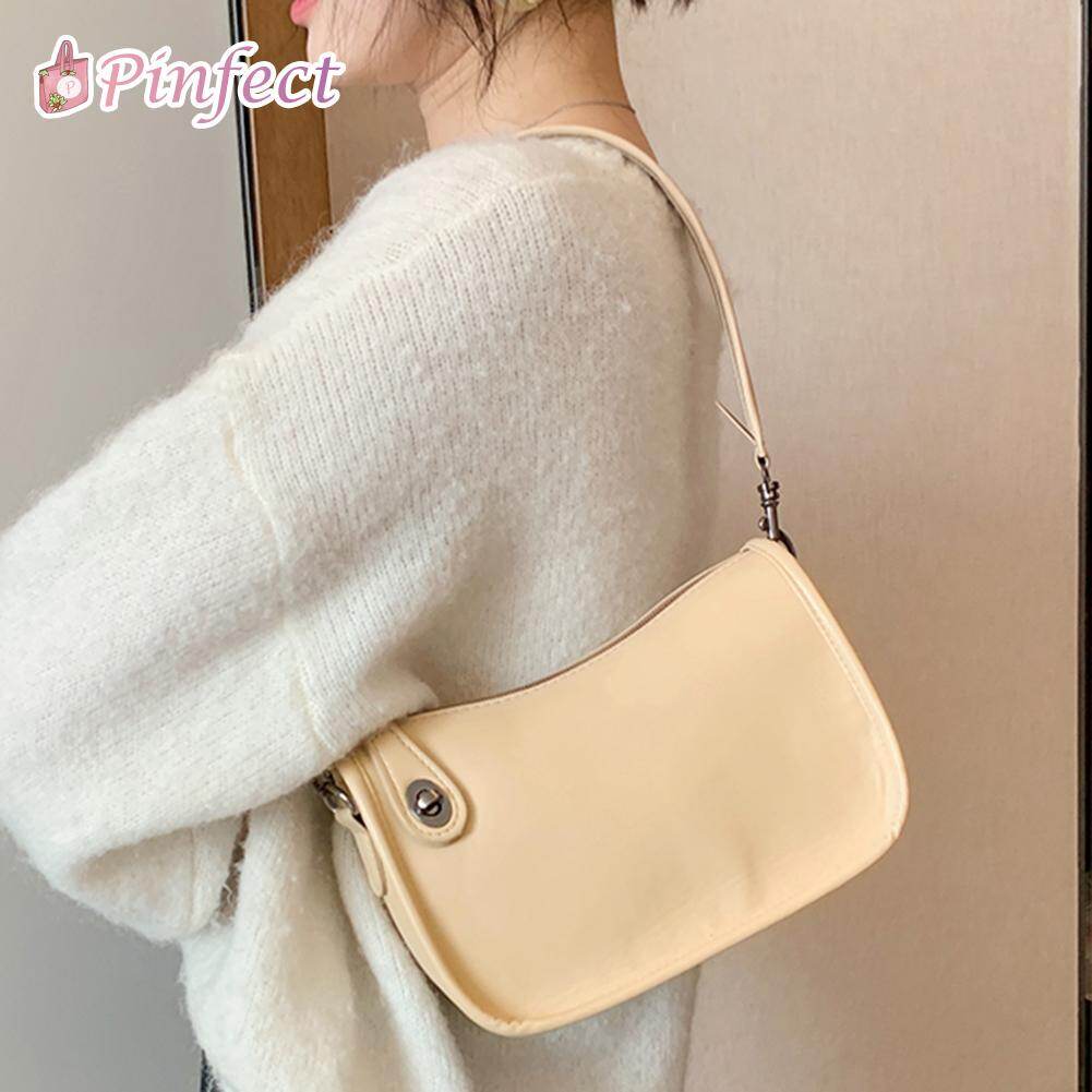 [Pinfect] Fashion Vintage Solid Color Underarm Shoulder Bag Women Handbag PU Leather Retro Street Casual Underarm Bag Female Top-handle Totes Purses