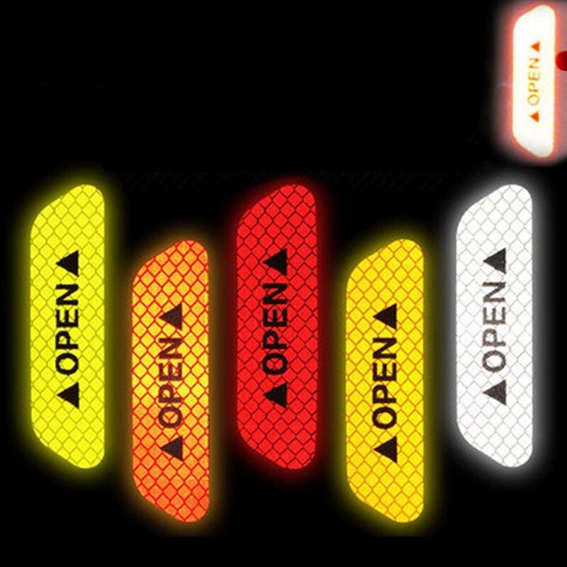 [4pcs Car Door Safety Warning Stickers Reflective Decorative Decals Open Logo Emblems Accessories,4pcs Car Open Stickers,]