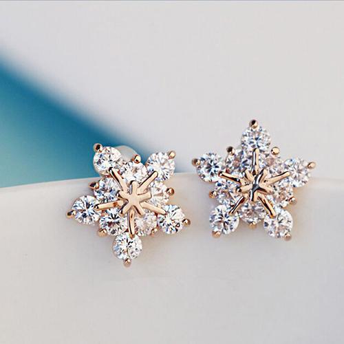 Womens Fashion Elegant Cute Shiny Rhinestone Snowflake Ear Studs Earrings Gift