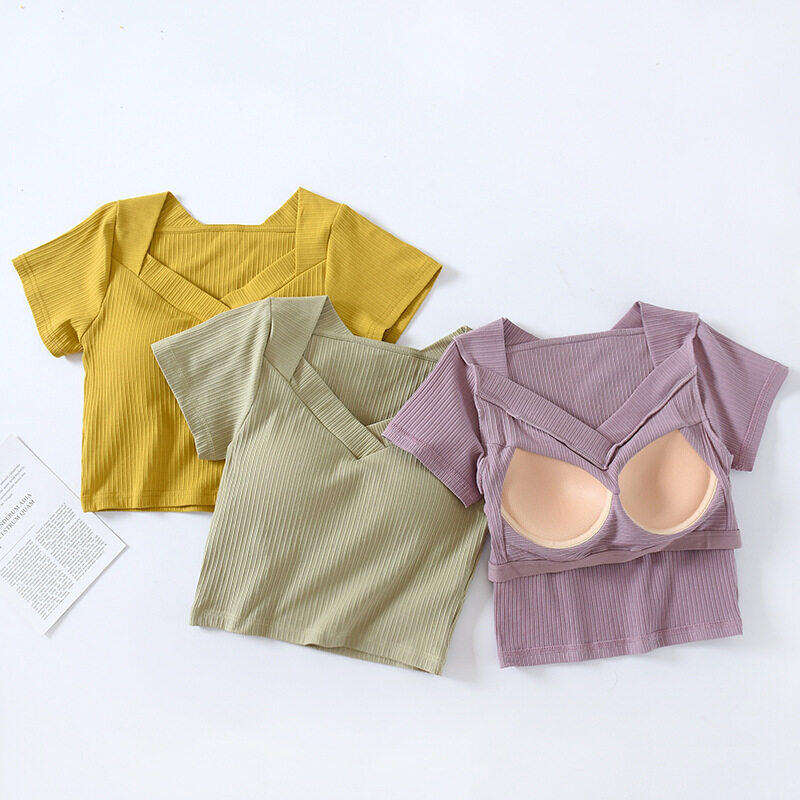 SUPERFLOWER Modische Damen-T-Shirts mit Brustpolstern, V-Ausschnitt, kurze Ärmel, atmungsaktive kurze Oberteile_voghion.com