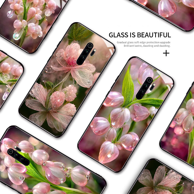 Jizetin Phone Casing For Xiaomi Redmi Note6 Note7 Note8 Note 8 Pro Note 8T Luxury Pink Flowers Crystal High Definition Design Shockproof Glossy Case Tempered Glass Back Cover Casing