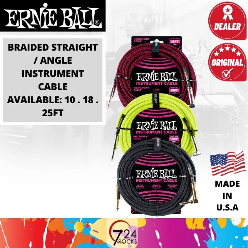 724 ROCKS Ernieball Ernie Ball Braided Straight - Angle Instrument Guitar Cable **Available: 10ft . 18ft . 25ft Malaysia