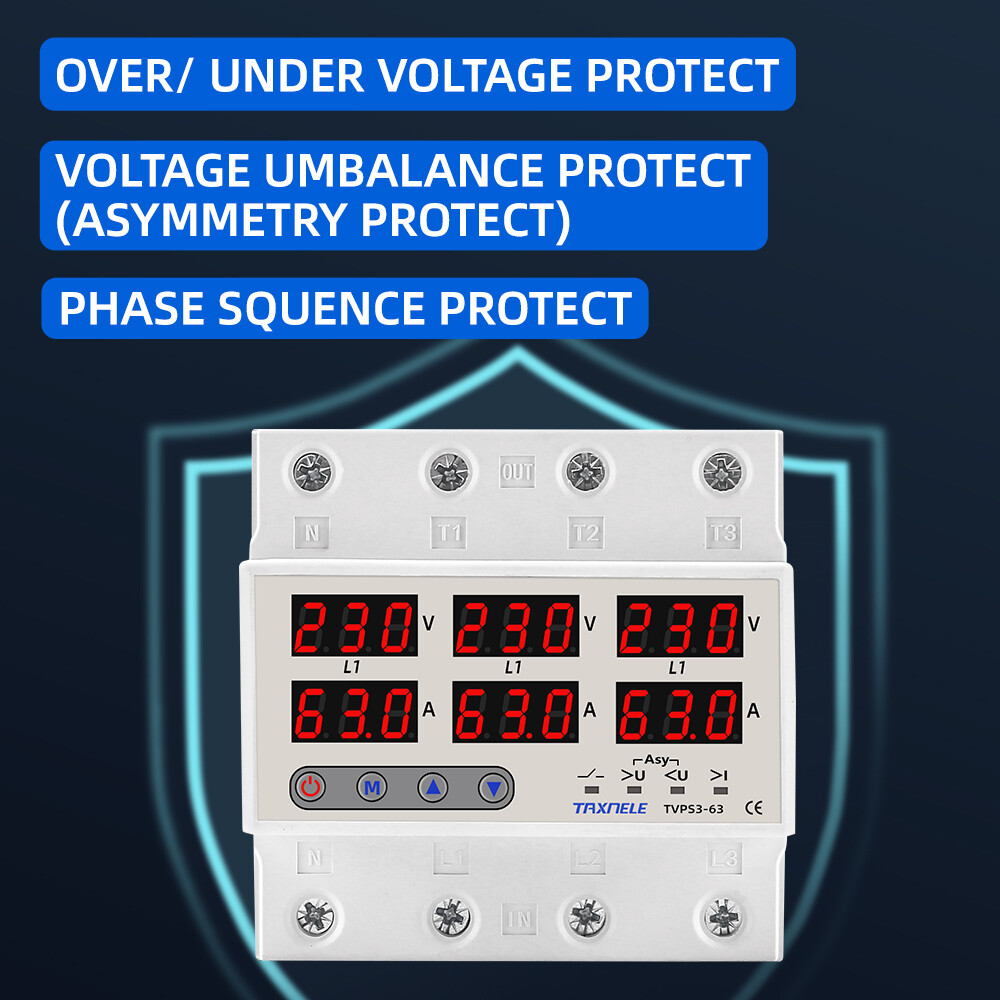 Three Phase Voltage Current Relay Protector 100A 63A 220V 380V 3P Over Under Voltage Relay Current Limiter Adjustable Protect