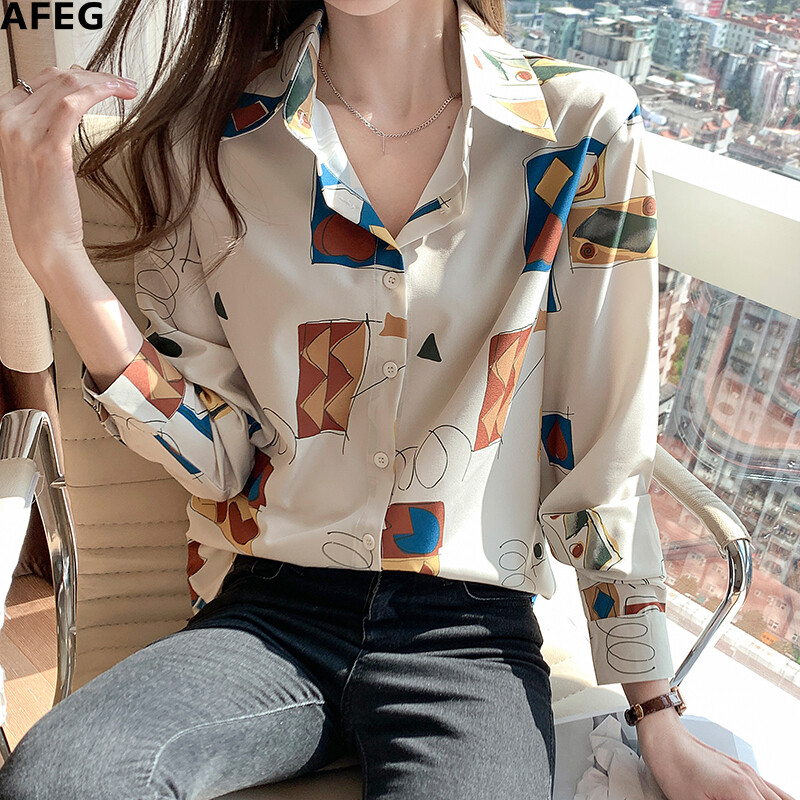 AFEG new Korean style shirt collar fashion all-match printing long-sleeved blouse for women