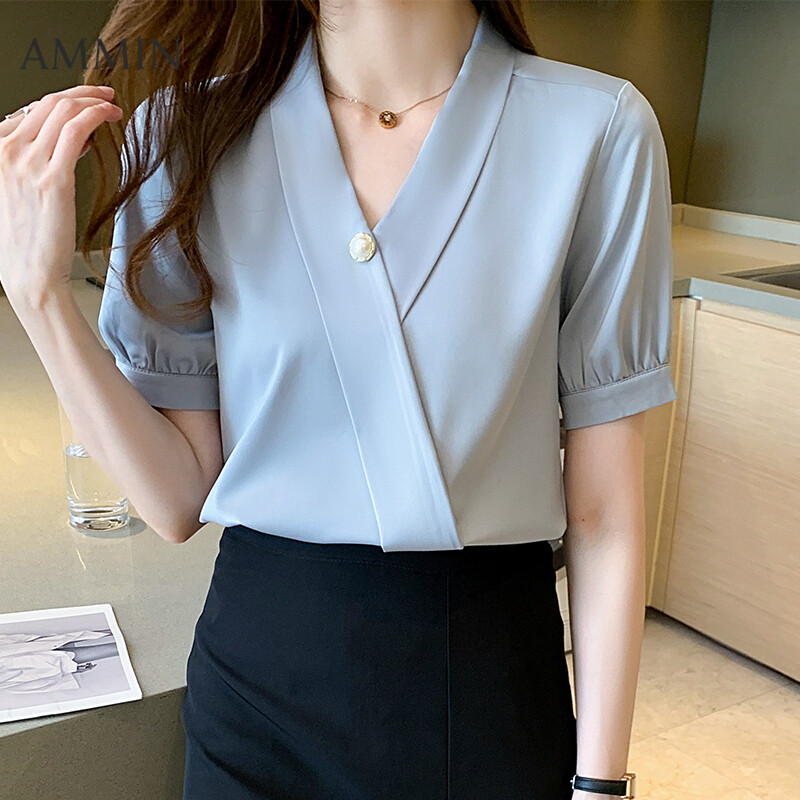 AMMIN 2021 summer new fashion temperament pearl decoration chiffon shirt For Women Korean satin short-sleeved V-neck Top Lady casual business wear Blouse