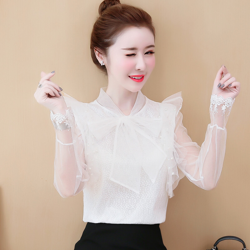 REHIN Women Long sleeve shirt elegant fashion Slim sweet Lace Chiffon blouse new Korean version tops