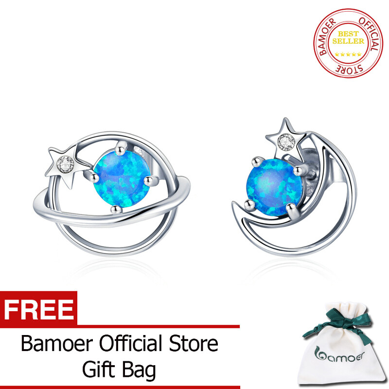 BAMOER Silver 925 Planet Blue Opal Moon Star Earrings for Women Fashion Jewelry Female Studs Earring Gifts SCE1133