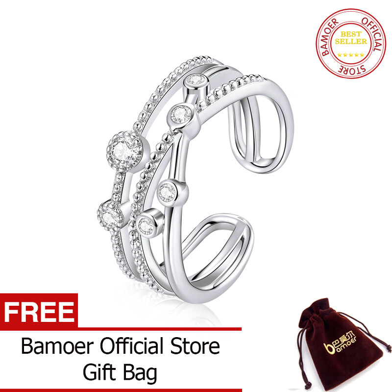 BAMOER 925 Sterling Silver Shining Stars Finger Rings for Women Vintage Stackable CZ Rings Band Silver Fine Jewelry BSR162