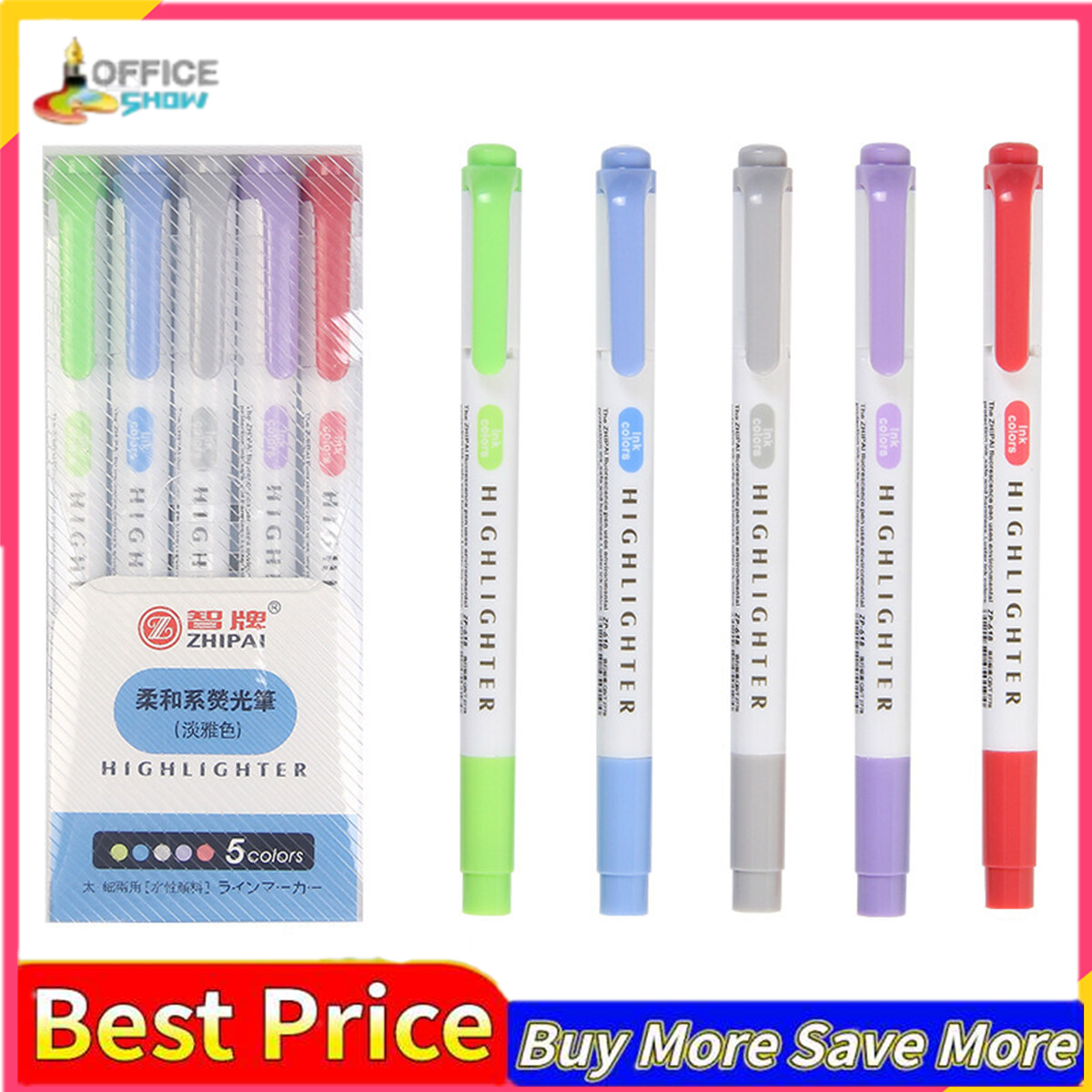 5 Colors Dual Tip Highlighter Pens Broad Chisel and Fine Tips Marker Pen for for School Students Office Home Supplies
