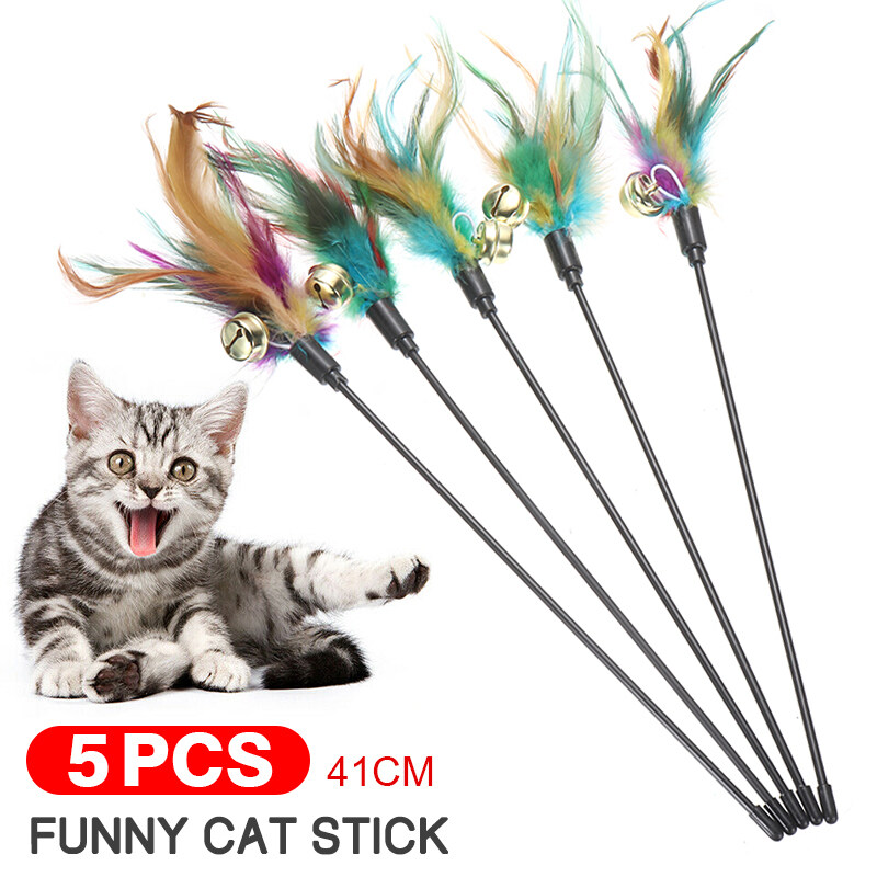 Mapiuo 5Pcs Kitten Toy Cat Feather Bell Wand Teaser Rod Interactive