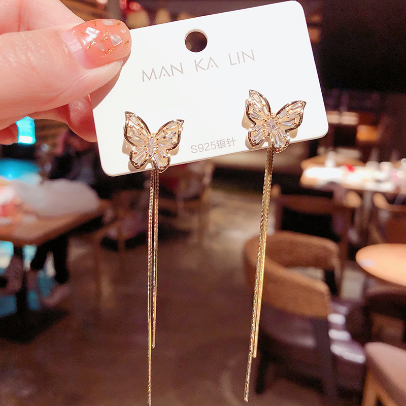 Frascati Long Earrings Women Bow Tassel Earings Front and Back Crystal Bow Tassel Earrings Female Long Temperament Butterfly Earrings