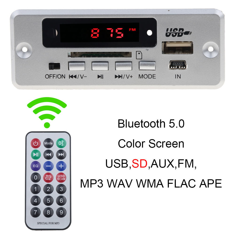 Bluetooth 5.0 Decoder Board DC 12V Wireless MP3 WAV WMA FLAC APE Hands-free Audio Player Color LCD Screen Decoding Module With Remote Control USB U Disk S D FM Radio Aux Music Receiver