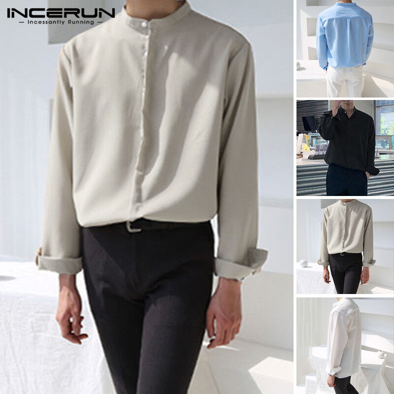 (Korea Style)INCERUN Mens Long Sleeve Plain Casual Button Down Shirts