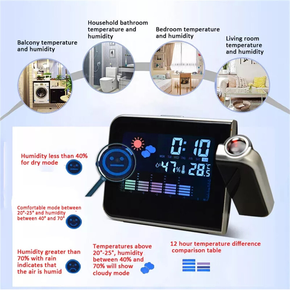 6 In 1 Creative Lcd Digital Projection Alarm Clock Thermometer Hygrometer Desktop Time Projector Led Back Light Nap Alarm