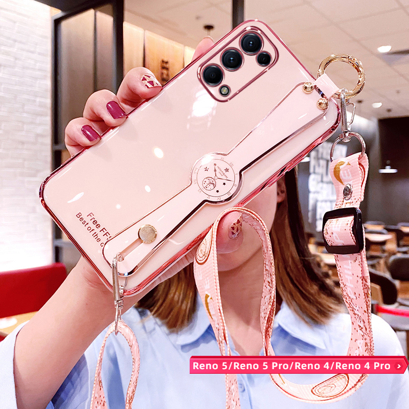Wristband Phone Case For OPPO Reno 5 / Reno 5 Pro / Reno 4 4G / Reno 4 Pro 5G Casing with Free long lanyard , Electroplating candy color case with Precise camera protection Case