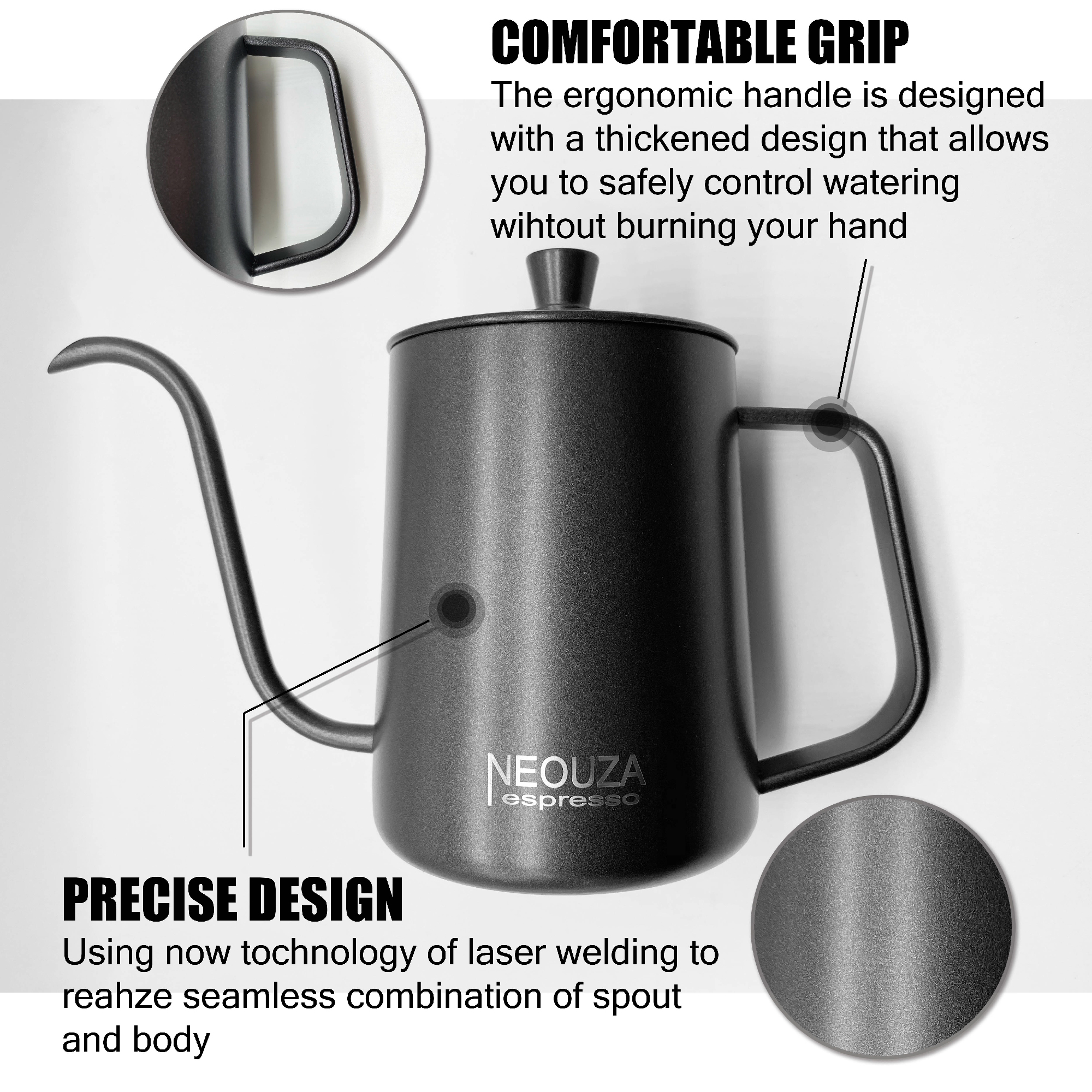 NEOUZA Ấm Pha Cà Phê Rót, Ấm Cổ Ngỗng, Ấm Pha Cà Phê Nhỏ Giọt, Teflon Đen, Thép Không Gỉ 600Ml/250Ml