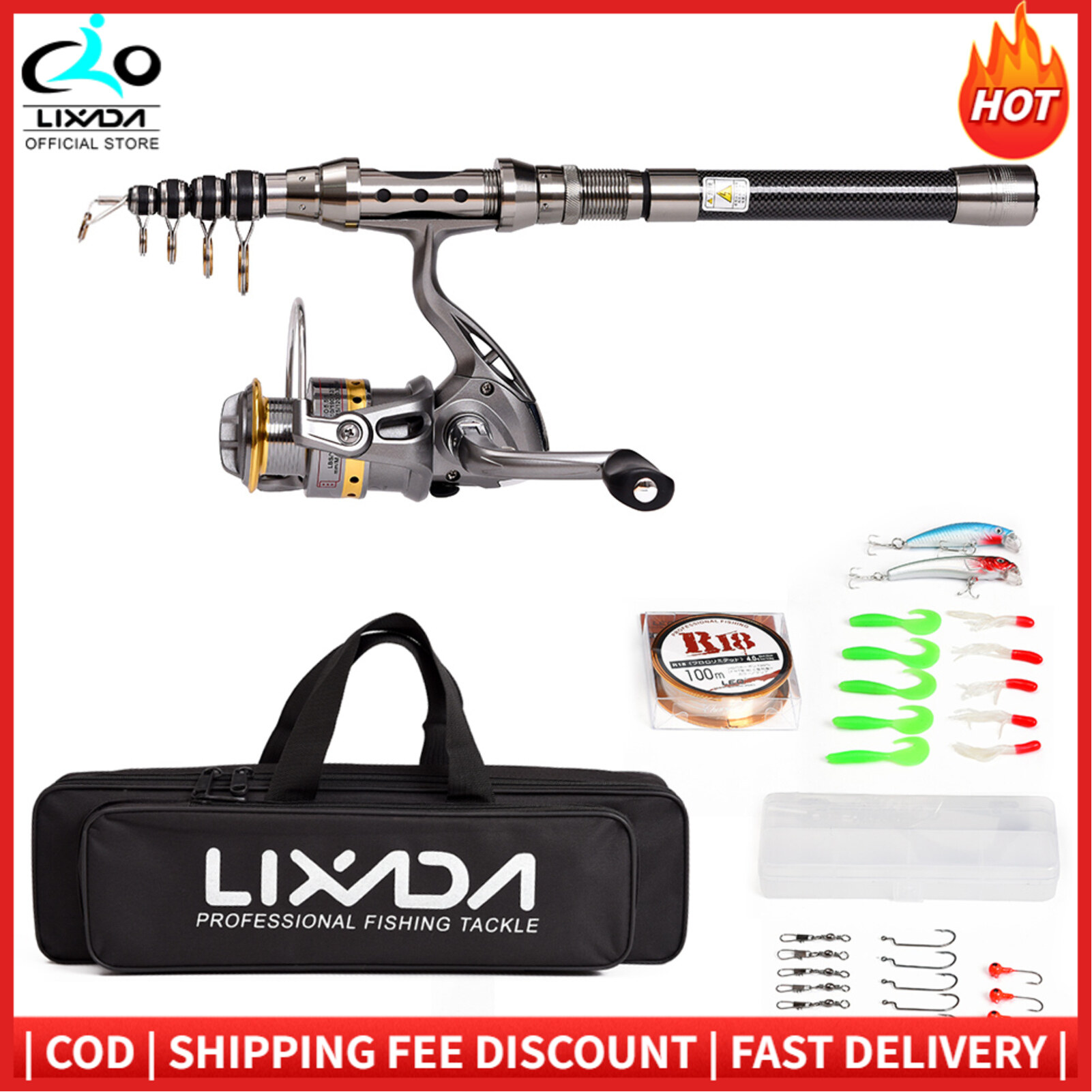 Lixada 180CM Telescopic Fishing Rod and Reel Combo Full Kit Spinning Fishing Reel Gear Organizer Pole Set with 100M Fishing Line Lures Hooks Jig Head and Fishing Carrier Bag Case Fishing Accessories