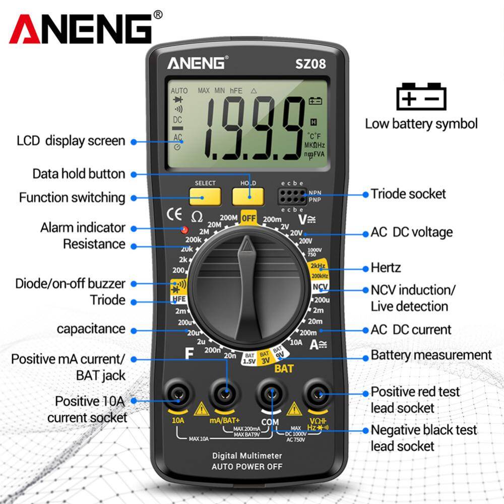 【Chất lượng hàng đầu】 aneng sz08 điện áp một chiều xoay chiều Diode hiện tại Bộ dò NCV 2000 đếm đa năng kế kỹ thuật số