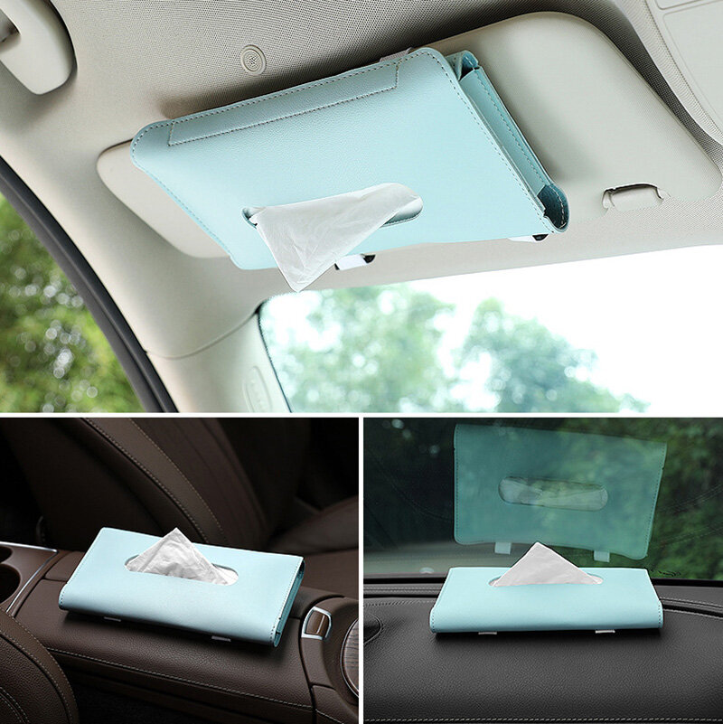 Car Tissue Boxes PU Leather Car Sun Visor Hanging Tissue Box Holder Organizer Tissue Drawer Container Bag Auto Interior Storage