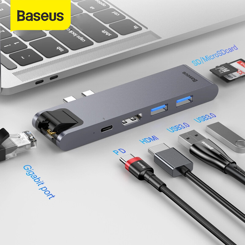 Bảng giá Cổng Mở Rộng Baseus Dual Type C HUB Sang HDMI SD/TF USB3.0 * 2 RJ45 PD Type C Power Đa Chức Năng Cho MacBook Pro Thunderbolt USB C HUB Mở Rộng Phong Vũ