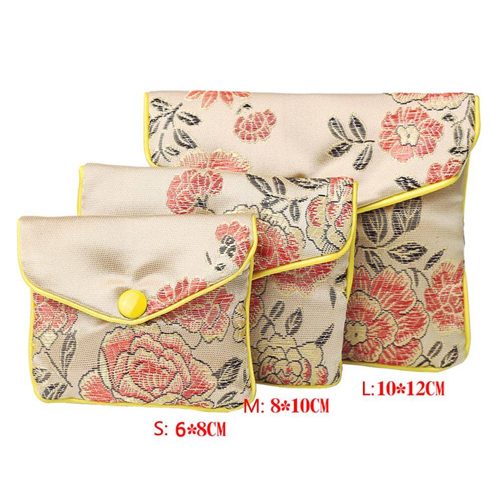 U6YU7 Bracelace Gifts Silk Embroidery Brocade Coin Purse Zipper Snap Buckle Floral Jewelery Bag Handbags Jewelery Storage Wallet