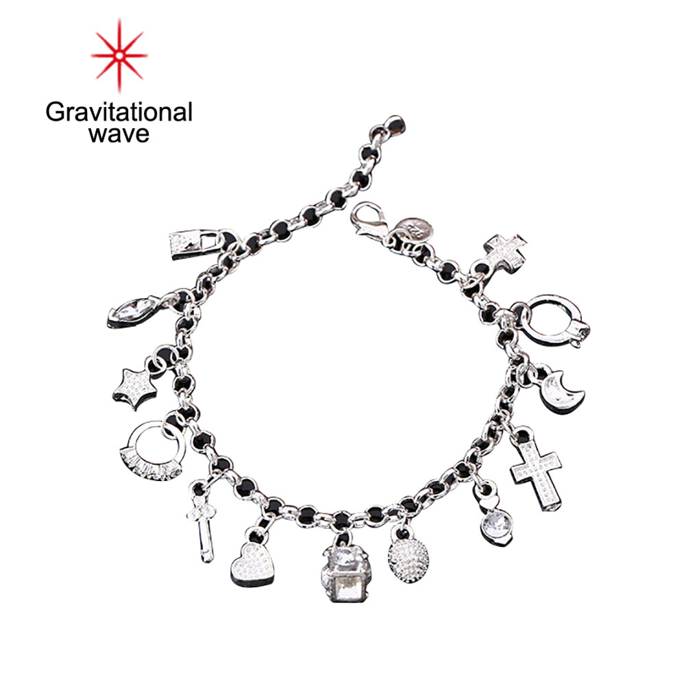 Gravitational wave Women Silver Plated Cross Moon Star 13 Charms Pendants Bracelet Bangle Jewelry