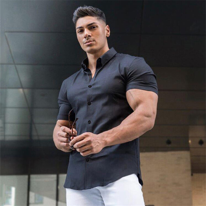 Summer Fashion Super Slim Fit Button Short Sleeve Shirts Men Turndown Collar Classic Casual Sportswear Dress Shirt Male Hipster Shirts Tops Fitness Clothing