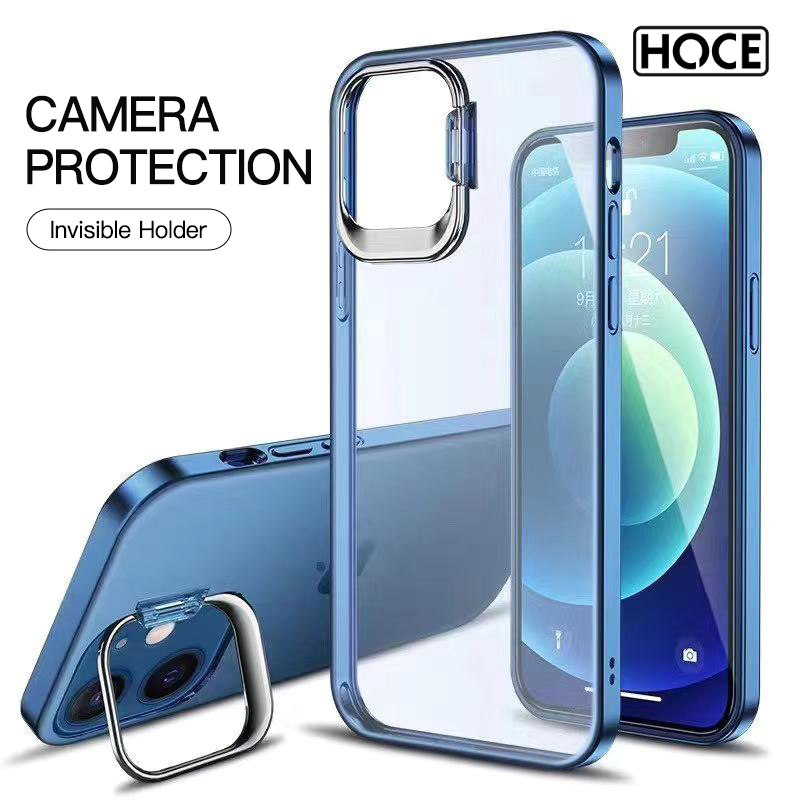 HOCE Luxury Ultra Thin Metal Kickstand Phone Case For iPhone 14 13 12 11 Pro Max 14 Plus 12 13 Mini Hard PC Shockproof Clear Invisible Lens Holder Cover Holder