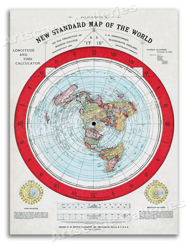 New Standard Map The World Alexander Gleason 1892 Flat Earth Map Globe ...