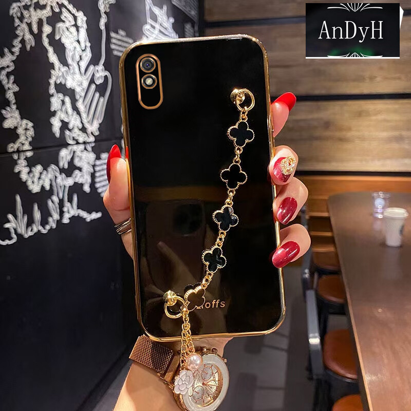 AnDyH Straight Edge Plating Phone case For Xiaomi Redmi 9A casing,Precise Camera Protection cases Cute girl style cover with Four leaf clover bracelet