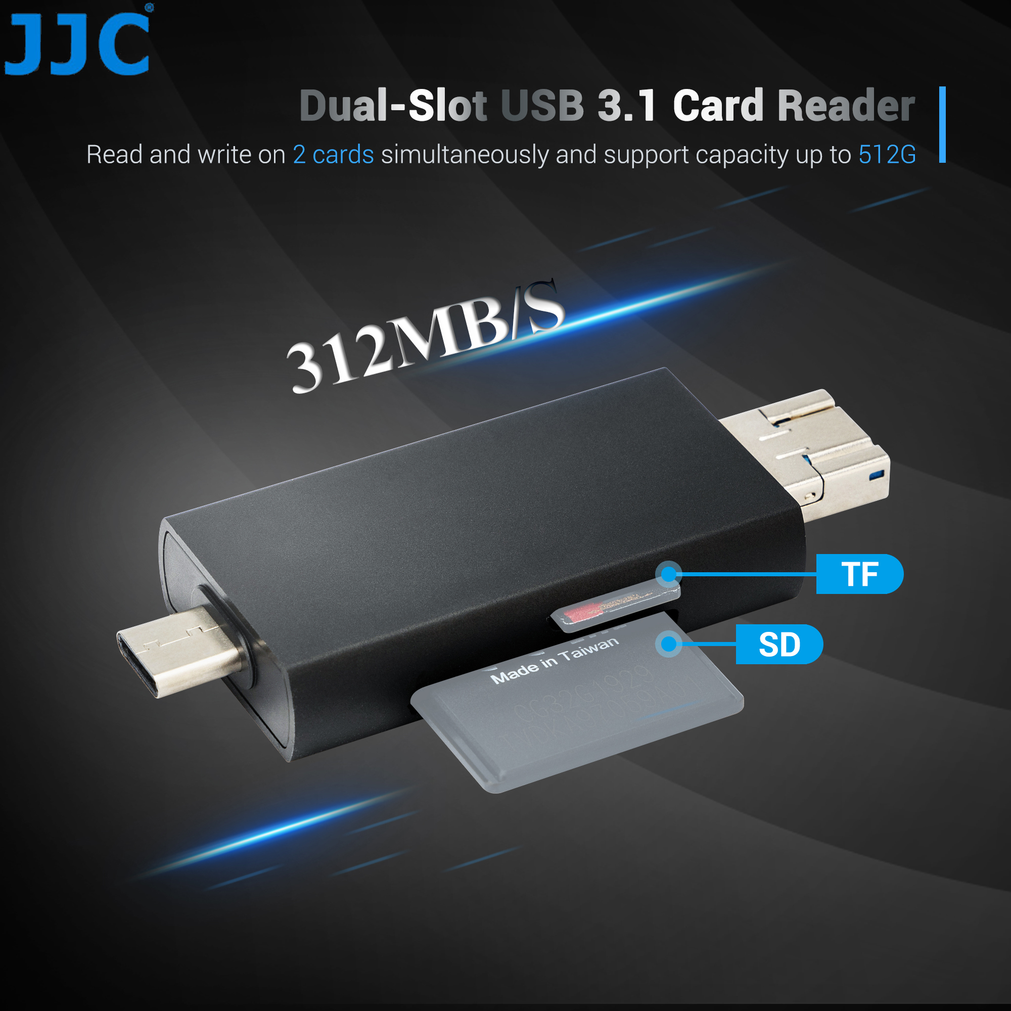 Đầu đọc thẻ nhớ JJC UHS-II SD micro SD, cổng kết nối 3 trong 1 USB 3.1 USB-C Type-C 3.1 micro USB 2.0, tốc độ truyền cao lên đến 312MB / s, tương thích với máy tính, laptop, OTG cho phép điện thoại và máy tính bảng