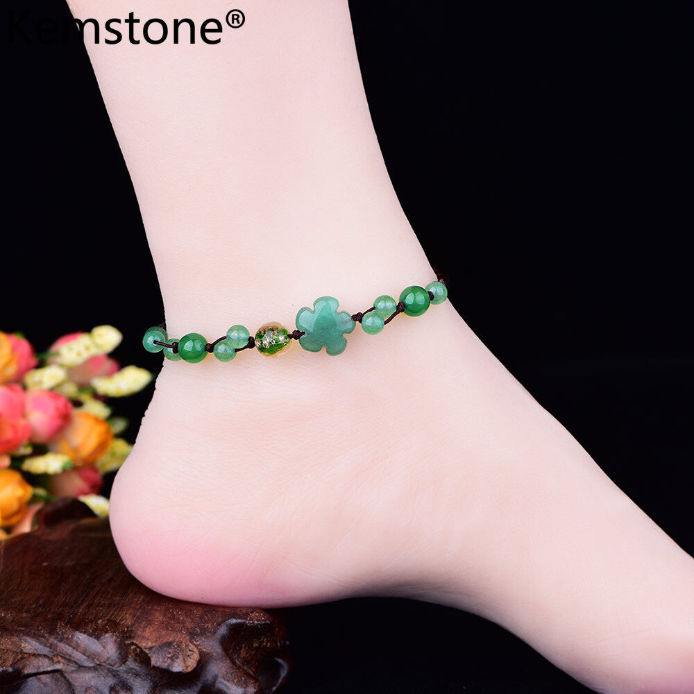 Kemstone Ethnic Style Hand-made Woven Rope Green Flower Agate Jade Anklet Jewelry Gift for Women Girls