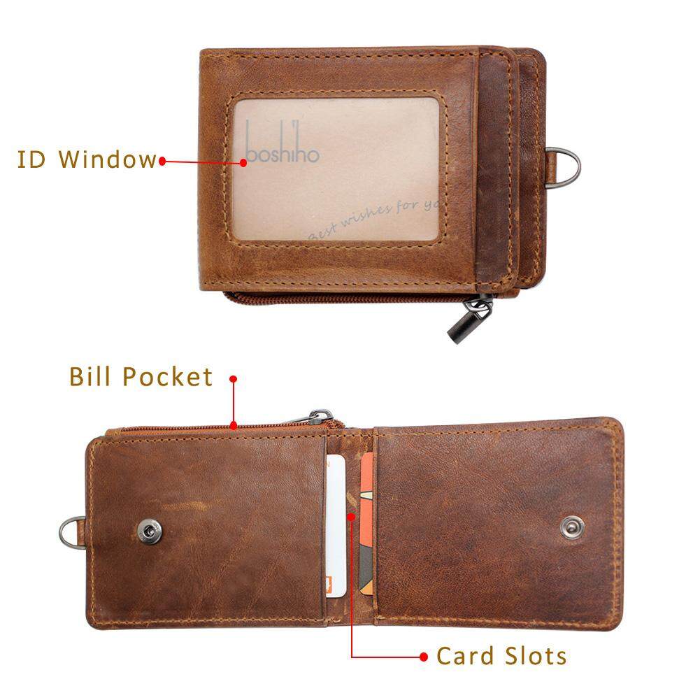 Leather ID Badge Card Holder Neck Lanyard Wallet W// Zipper RFID Blocking Pocket